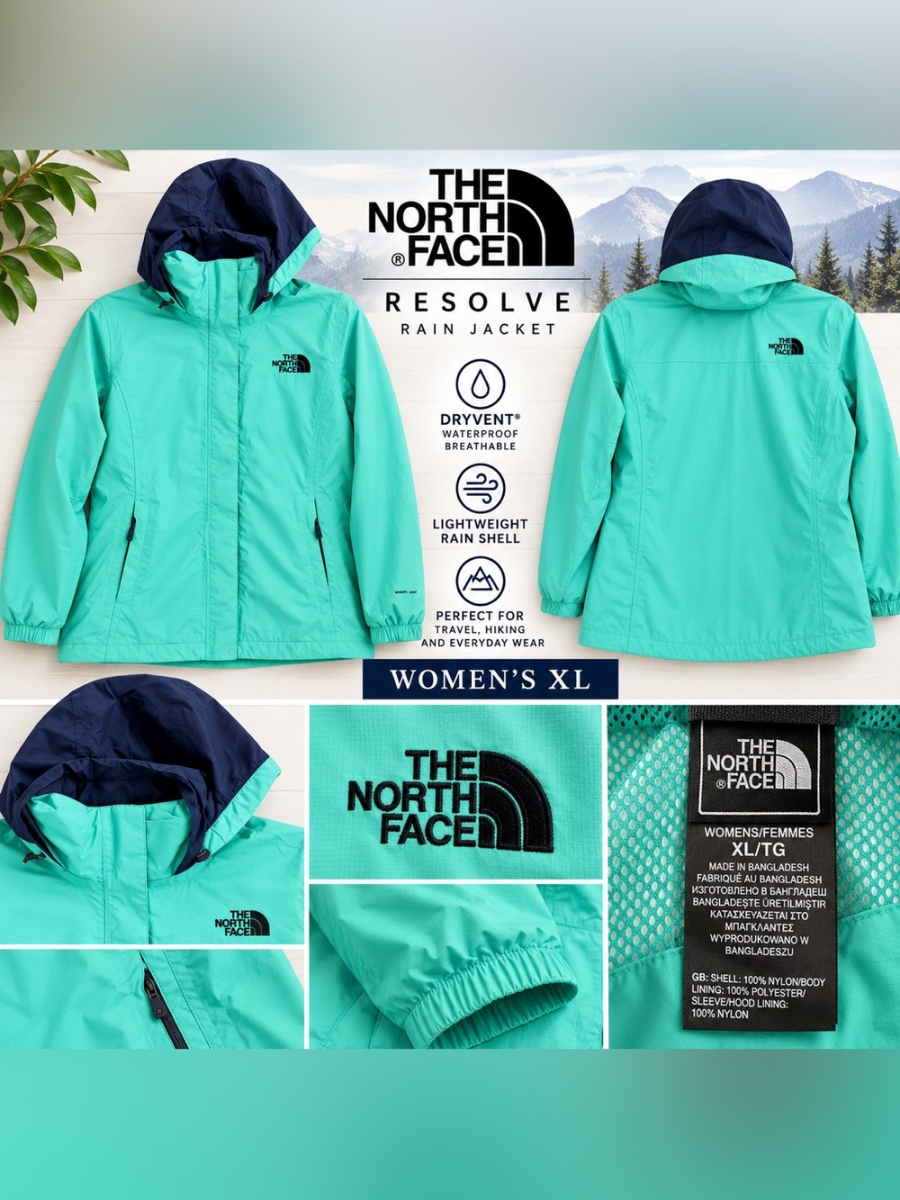 The North Face Resolve DryVent Rain Jacket Women’s XL Mint / Aqua Green